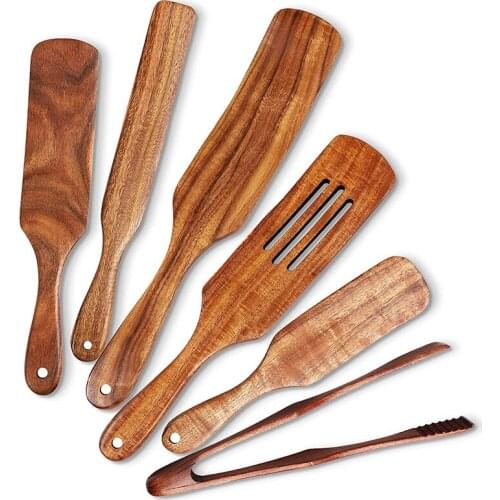 6 Pcs Wooden Spurtle Set, Teak Spurtle Set Heat Resistant Wooden Spatula Cooking Utensils Set Non-Stick Wooden Spoons