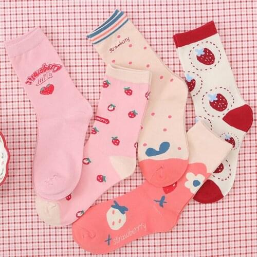 Autumn and winter new cartoons socks letter Strawberry Middle tube socks sweet casual wild female tide socks