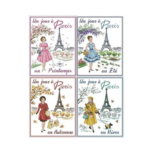 Paris in 4 season cross stitch cartoon beauty lady package 18ct 14ct cloth cotton thread embroidery DIY handmade needlework