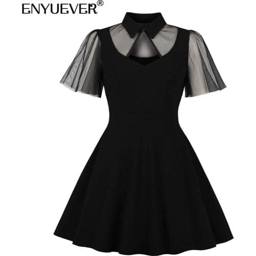 Enyuever Sexy Women Black Summer Dress Mesh Patchwork Turn Down Collar Hollow Out Robe Pinup Swing Party Casual Dress Streetwear