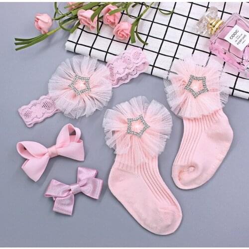 Newborn Baby Girls Headband Bow Flowers Lace Hair Bands Hair clip Hair Accessories Socks Gift five-piece Suit