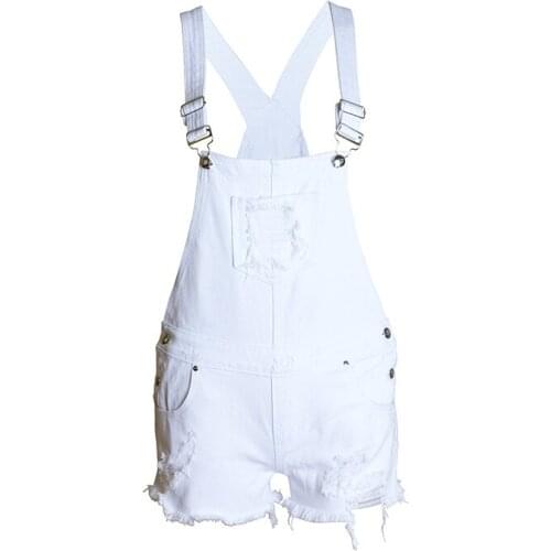 QA867 New arrival women loose white denim overalls girls hole ripped high waist shorts jeans feminina