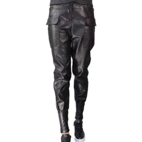 PU Leather pants womens casual autumn and winter new harem pants large size feet pants loose thin thick high waist 5XL