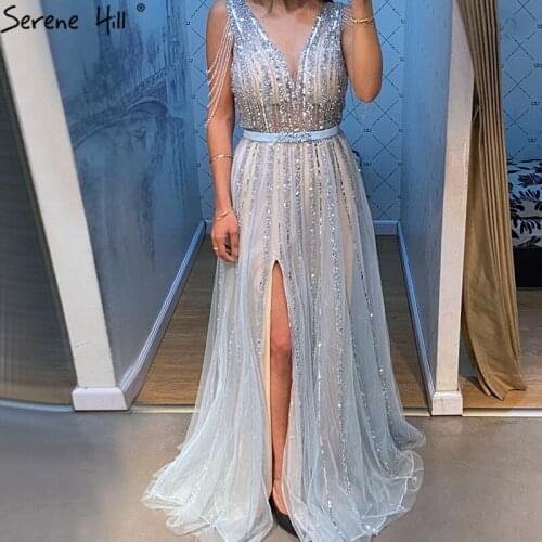 Serene Hill Blue A-Line Luxury Beading Sparkle Evening Dress 2020 Dubai V-Neck Sleeveless Formal Party Wear Gown CLA70622