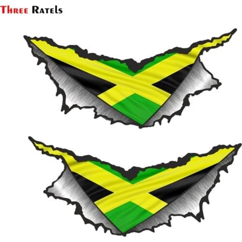Three Ratels FTC-1129# Large Pair Triangular Ripped Torn Metal Jamaica Jamaican County Flag Vinyl Car Sticker Motorcycle Decal