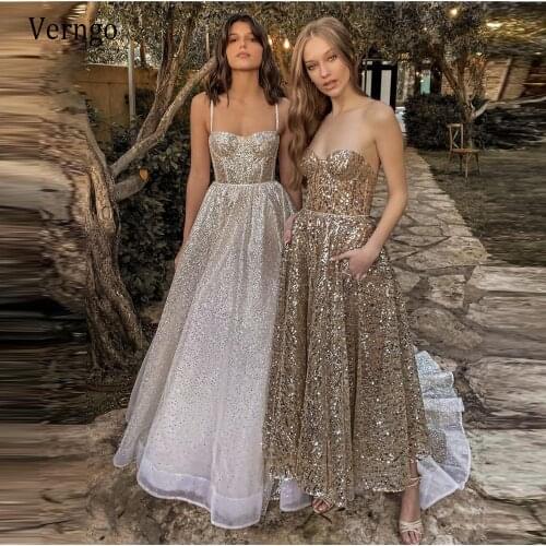 Verngo 2021 New Design Sparkly Gold Prom Dresses Sweetheart Spaghetti Straps A Line Tea Length Evening Party Gown With Pocket