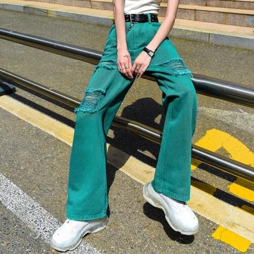 Bella Women Autumn Long Denim Pants 2021 New High Waist Straight Loose Wide Leg Jeans Casual Full Length Hole Trousers Bottom
