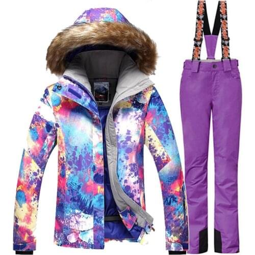 Fashion Fur Collar Womens Snow Suit Outdoor Sports Wear Snowboarding Sets 10K Waterproof Windproof Skiing Jacket and Snow Pant