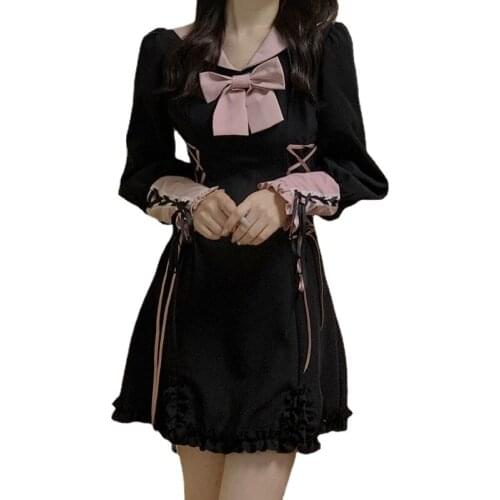 Women High Waist Slim Kawaii Gothic Dress Black Princess Elegant Dress Autumn Long Sleeve Bow Designer Party Mini Sweet Dress