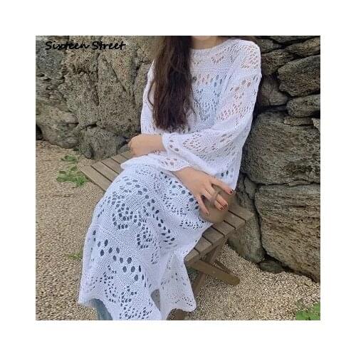 Boho White Knitting Long Dress Woman Autumn Winter O-neck Hollow Out Loose Sweater Dress Vestido Korean Vintage Maxi Dresses