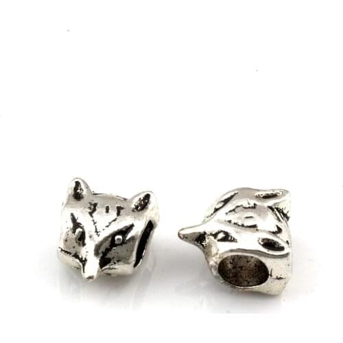 20Pcs Alloy Fox Head Loose Spacer Beads For Jewelry Making, Big Hole 4.2mm Findings Bracelet Necklace DIY Accessories D-85