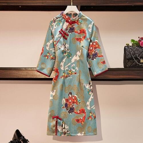 2021 New Summer Chinese Retro Style Elegant Modern Comic Floral Print Dress Suede Half Sleeve Split Cheongsam Dresses For Women