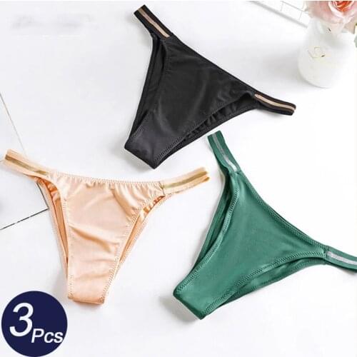 3Pcs/set Womens Hot Sexy Ice Silk T-back G-String Thongs for Female Cotton Seamless Panties Set Low-Rise Lady Solid Lingerie