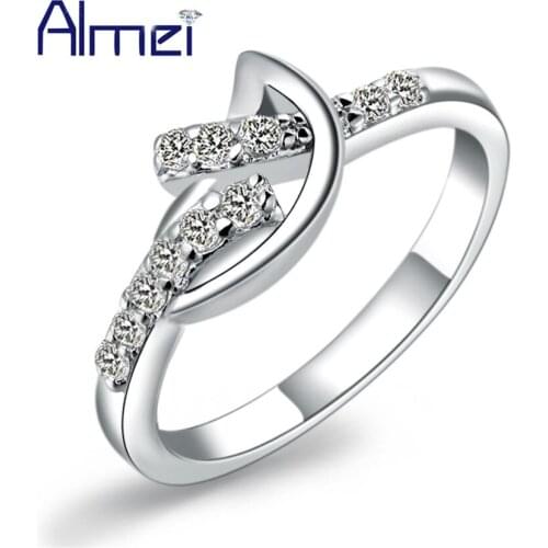 Almei 5%Off Silver Ring Zircon for Women Bridal Jewelry Stone Fashion Crystal Lovely Bands White CZ Zircon Rings Gift Sale J329