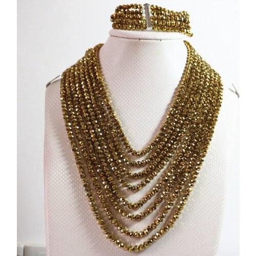 HOT!!fashion Gold-color Crystal Glass 4x6mm Beads Jewelry Set 8 Rows Chain Nacklace 5 Rows Bracelet Beads B848
