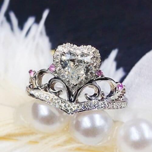 Huitan Sweet Crown Heart Rings for Women Dazzling White/Pink Cubic Zirconia Aesthetic Proposal Engagement Jewelry Statement Ring