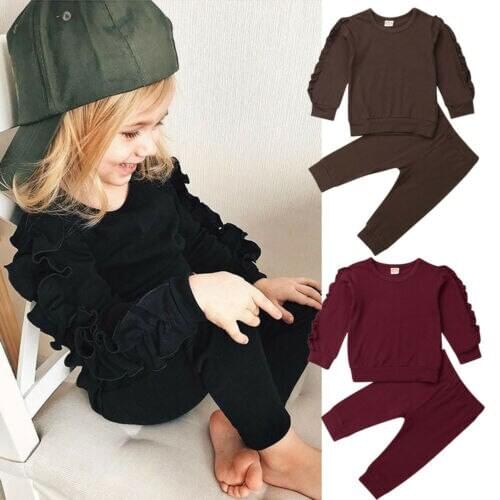 Newborn Baby Boys Girls Clothes Sets Ruffles Decor Sweatshirt + Pants Solid Long Sleeve Infant kids Fall clothes 3 Color