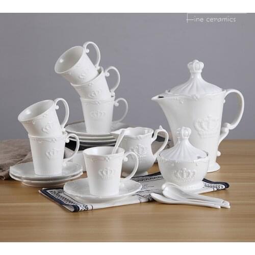 21pc set, white embossed porcelain coffee pot cup set, court crown design court, palace nespresso cup set, vintage tea party