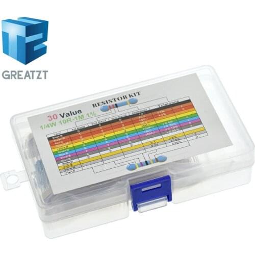 GREATZT 600PCS/LOT 1/4W Metal Film Resistor Kit 1% Resistor Assorted Kit Set 10 -1M Ohm hm Resistance Pack 30 Values each 20 pcs