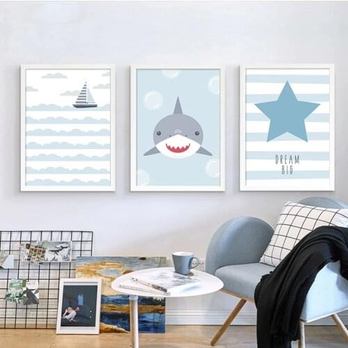 Nautical Nursery Wall Art Canvas Painting Cartoon Shark Boat Poster Nordic Kids Home Decoration Baby Bedroom Picture Decor