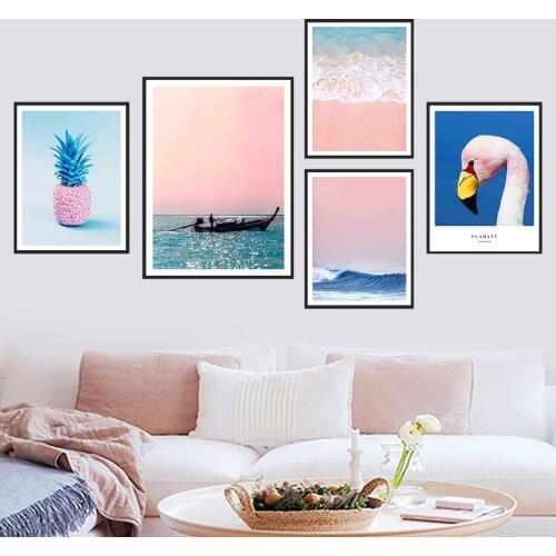 Pineapple Boat Ocean Waves Beach Flamingo Wall Art Canvas Painting Nordic Posters And Prints Wall Pictures For Living Room Decor