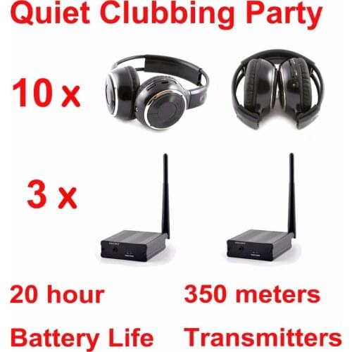 Silent Disco Headset system black folding wireless headphones - Quiet Clubbing Party Package (10 Headphones + 3 Transmitters)
