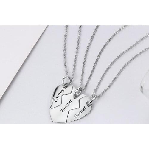 MumuXing Broken Heart Pendant Necklace Engrave 3 Names Stainless Steel Personality Puzzle Necklace For Women Best Friend Gift