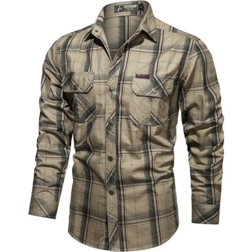 Casual Plaid Shirt Men Spring Autumn 100% Cotton Oversized Dress Shirts Male Military Long Sleeve Shirts Men Camisa Masculina