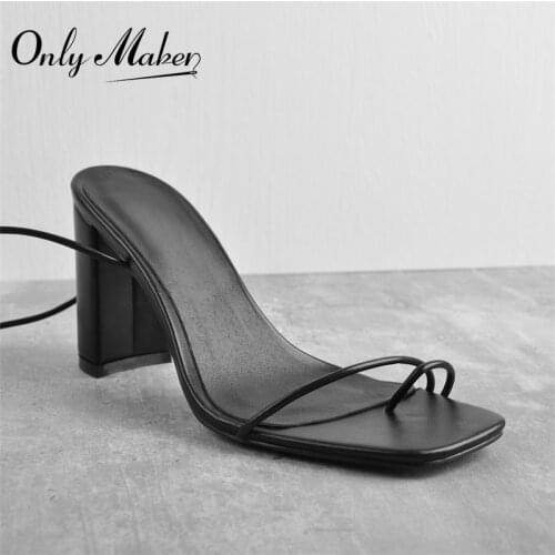 Onlymaker Summer Womens Lace-Up Sandals Matte Black Chunky High Heels Ankle Strap Narrow Band Square Toe Flip Flops Concise