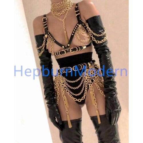 Sexy actress performance clothes punk leather rivet chain tassel pendant body chain Stage performance Bar Nightclub