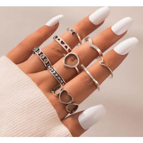Tocona 9pcs/sets Vintage Silver Color Men Rings for Women Lovely Cat Hollow Heart Arrow Wave Geometry Jewelry Wholesale 9079