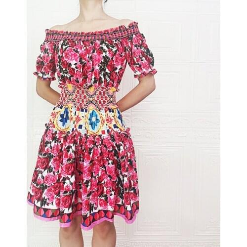 High Quality Summer New Style WomenS Boho Beach Party Casual Sexy Vintage Elegant Chic Rose Flower Print Stretch Mini Dress