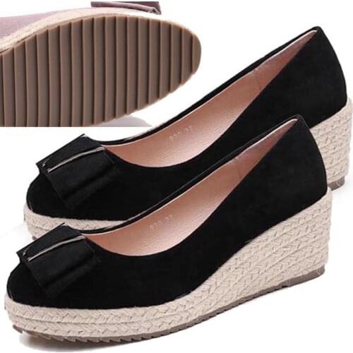 EAGSITY Suede women high heel shoes wedges platform round toe slip on Espadrilles shoes party wedding pumps comfortable shoes
