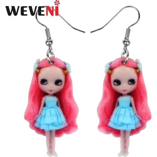 WEVENI Acrylic Cute Pink Long Hair Lady Earrings Dangle Drop Hispter Fashion Jewelry For Women Girls Lovers Charms Gift