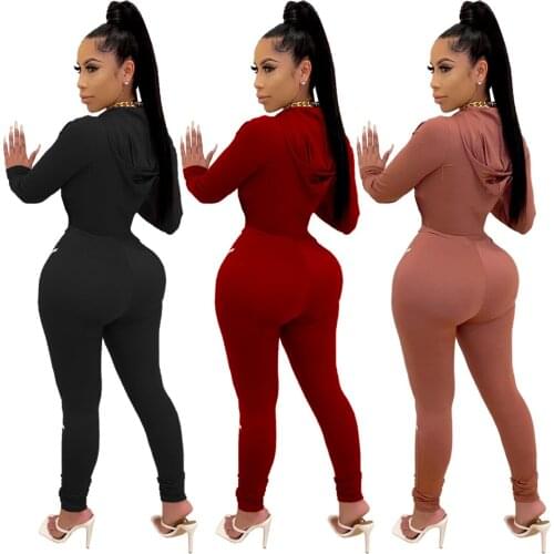 FNOCE 2020 winter new womens sets tracksuits fashion casual solid long sleeve hooded zipper tops tight slim trousers 2-pc suits