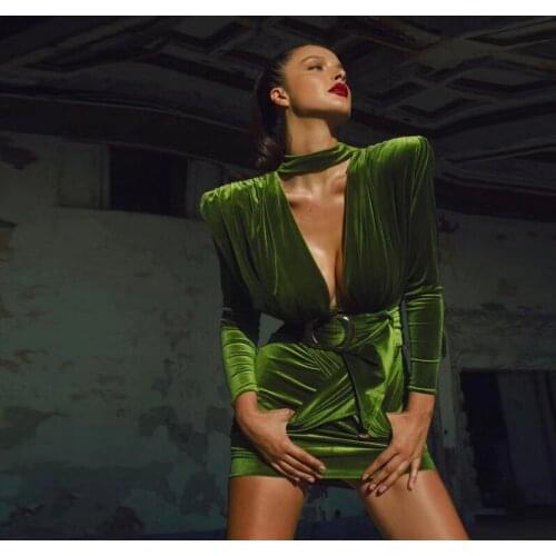 Women Autumn Long Sleeve Green Velvet Dress Fashion Belt High Collar Solid Sexy Hollow Out Mini Elegant Party Vestidos 2019