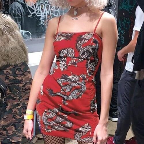 2019 Dragon Print Red Ethnic Mini Bodycon Dress Slash Neck Slim Sleeveless Party Street Wear Slip Vestidos Summer Robe Femme