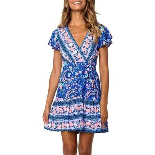 UK Women Summer Wrap V Neck Bohemian Floral Print Ruffle Summer Boho Paisley Mini Holiday Beach Casual Beach Mini Dress Dropship