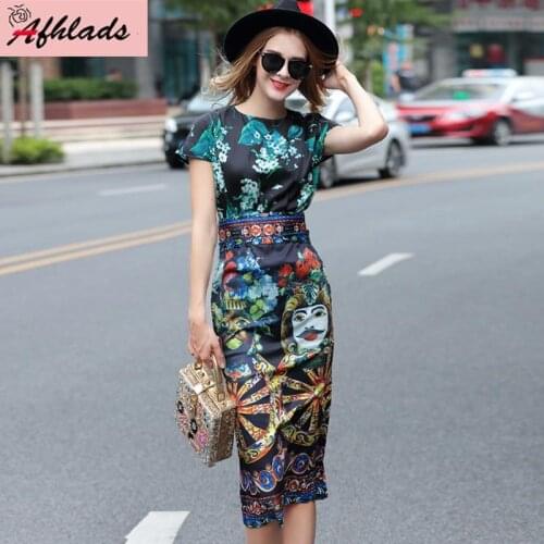 Womens Summer Fashion Slim Vintage National Short Sleeve Elegant Round Neck Designer High Quality Split Mid-Calf Dress