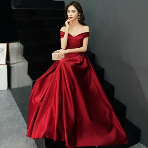 2020 Spring New Fashion Sexy Slim Red Bride Wedding Banquet Evening Dress Off the Shoulder a Line Floor Length Prom Dresses