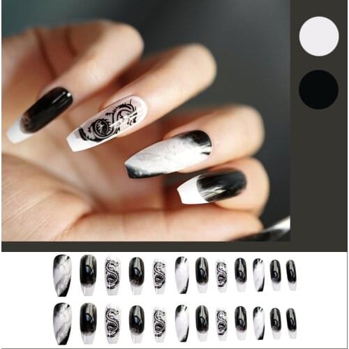 24pcs Black Blooming Dragons Wear Long Paragraph Fashion Manicure Patch False Nails Save Time Wearable Nail Patch SK88