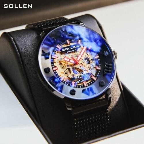 SOLLEN New Fashion Mechanical Watch For Men Automatic Skeleton Analog Watch Slim Mesh Steel Band Watch Waterproof Mens Watch