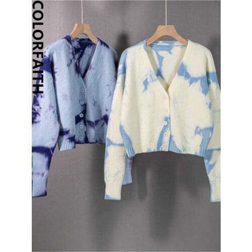 Colorfaith New 2021 Y2K Womens Autumn Winter Sweaters Tie Dye Elegant Lady Cardigans Fashionable Vintage Short Tops SWC3074JX