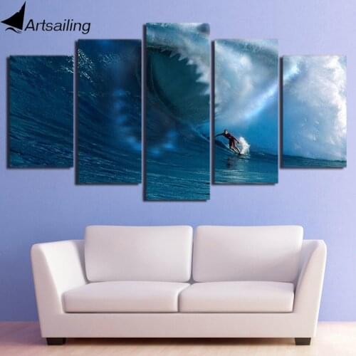 HD printed 5 piece canvas art Sharks surf the waves painting wall pictures for living room modern free shipping/ NY-7107A