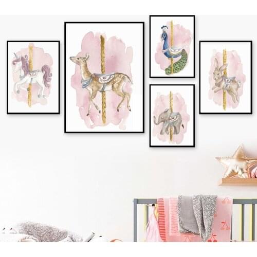 Merry go round Giraffe Rabbit Elephant Nursery Wall Art Print Canvas Painting Nordic Poster Wall Pictures Baby Kids Room Decor