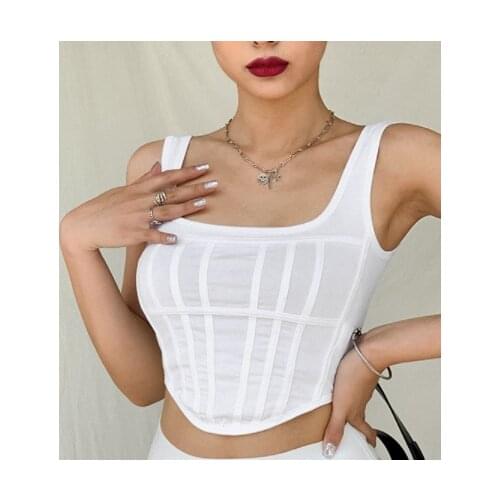 Spring Summer Black Off Shoulder Corset Crop Tops Women Square Collar Party Sexy Girls Tank Tops Ladies Backless Casual Bustier