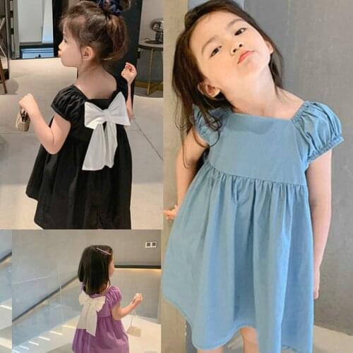 100% Cotton Girls Back Bowknot Dress Summer New Korean Square Collar Solid Short Sleeve Sweet And Cute Princess Dresses WT705