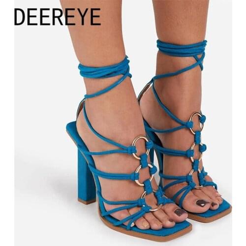 Fashion Women Ankle Cross Laces Strappy Chunky High Heel Roman Sandals Metal Decoration Peep Toe 11CM Summer Shoes For Ladies