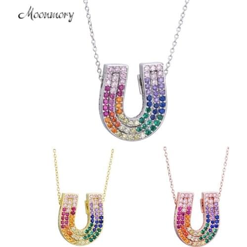Moonmory 925 Sterling Silver Three Color Double U Necklace Big Thick Colorful Rainbow Pendant Long Chain Women Jewelry For Gift