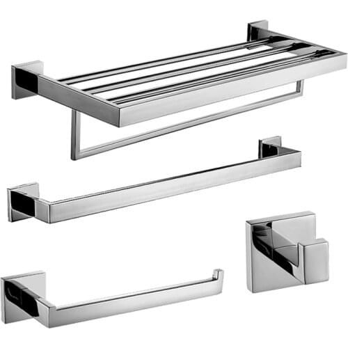 Modern SUS 304 Stainless Steel Silver Bathroom Accessories Sets Chrome Bath Hardware Set Square Base Polished Bathroom Products